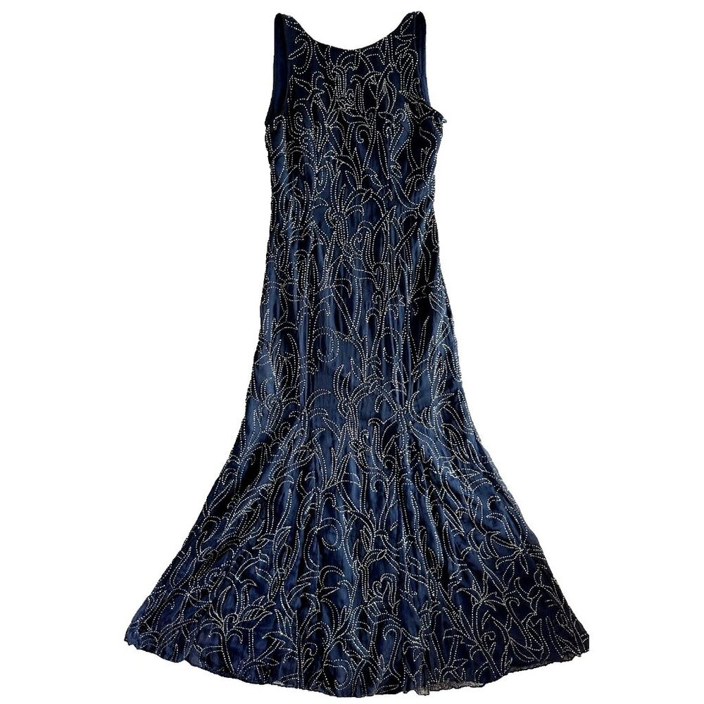 Vintage Scala Long Silk Beaded Gown Womens Large Navy Blue Deep Back